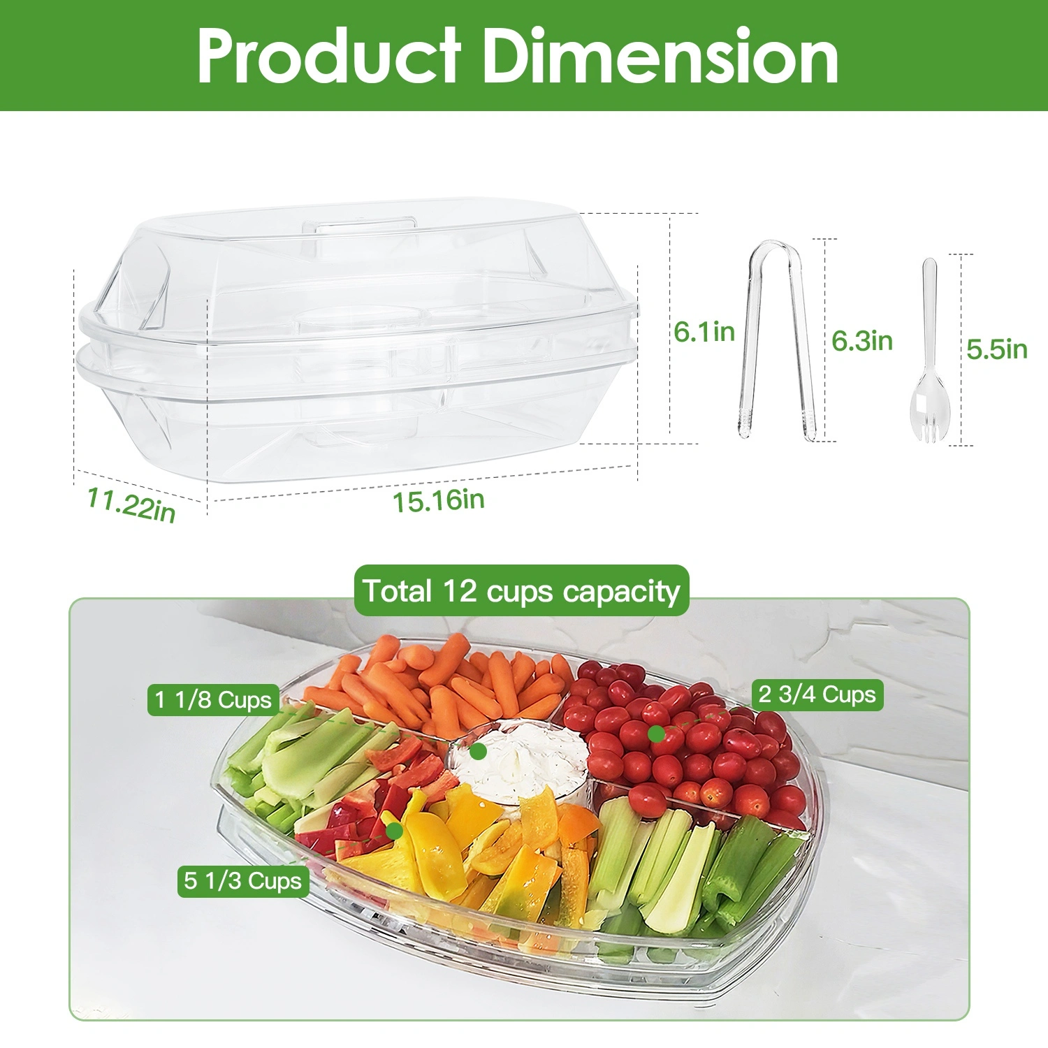 Fruit Ice Serving Tray Chilled Veggie Tray Shrimp Cocktail Serving Dish Appetizer Party Serving Platter Cold Food Buffet Server with Lid and 4 Compartments 3 Tongs 10 Sporks view 7