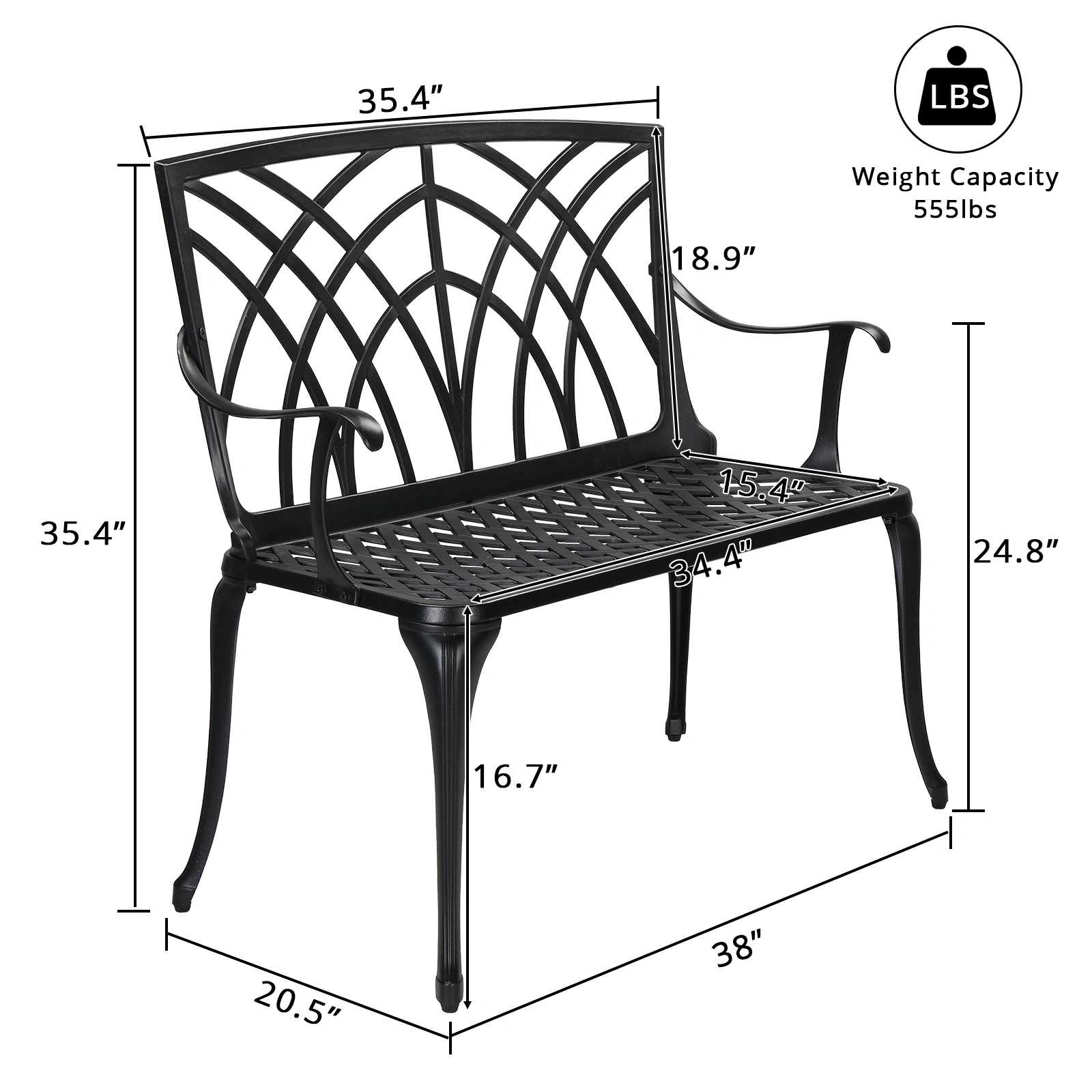 38in Outdoor Orchid Back Aluminum Bench Black view 12