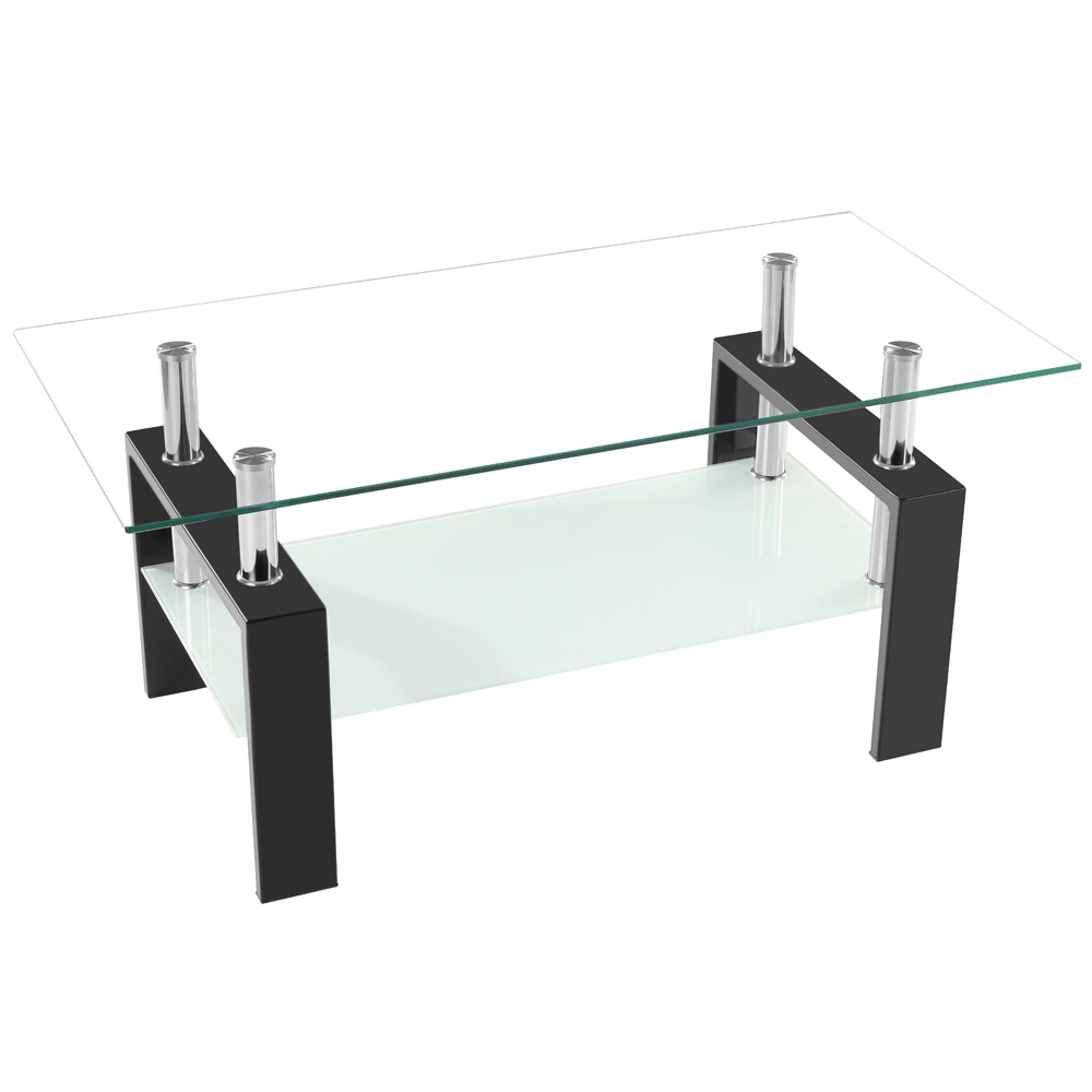 Arc Shaped Tempered Glass Coffee Table, Two Tier Glass Top End Table with Modern Curved Design for Living Room