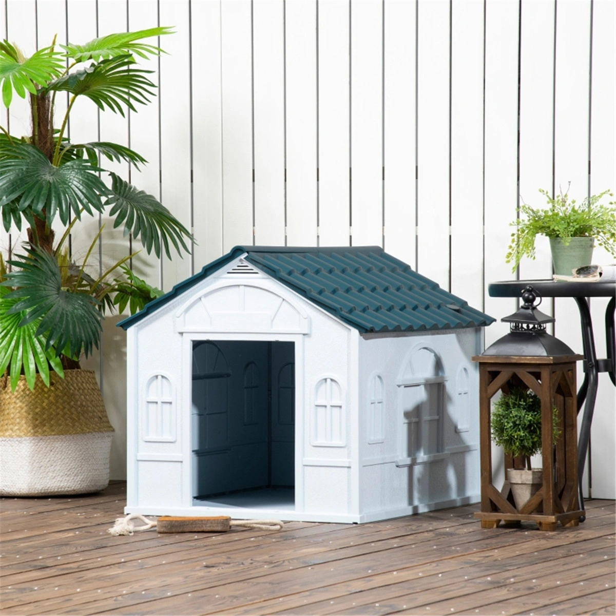 Blue All-Weather Plastic Dog House Easy Assembly Puppy Shelter for Medium Small Dogs Indoor Outdoor view 2