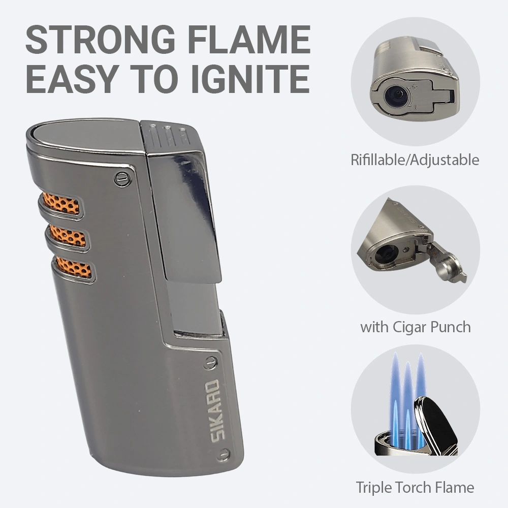 SIKARO CYCLONE Triple Torch Lighter, Gunmetal Refillable Butane Windproof Lighter with Cigar Punch, Adjustable Flame for Cigars Cigarettes Kitchen Outdoor view 5