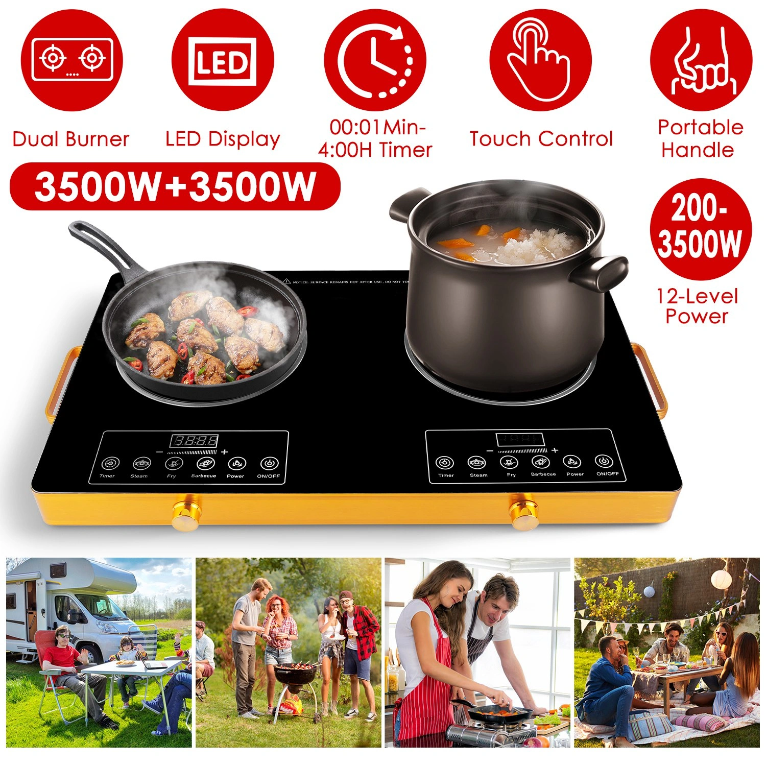 7000W Double Burner Electric Cooktop 110V, 2x3500W Rapid Heating Hot Plate, 4 Preset Modes, 11-Level Power, Glass Surface, Portable Handle