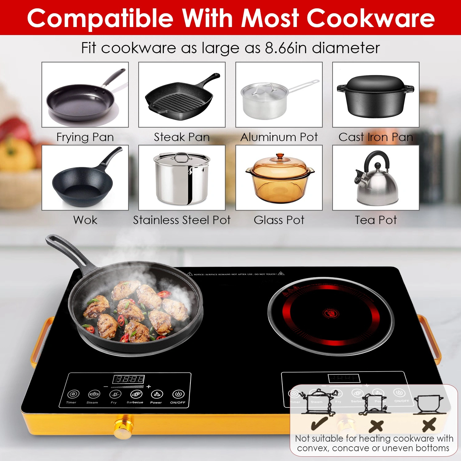 7000W Double Burner Electric Cooktop 110V, 2x3500W Rapid Heating Hot Plate, 4 Preset Modes, 11-Level Power, Glass Surface, Portable Handle view 12