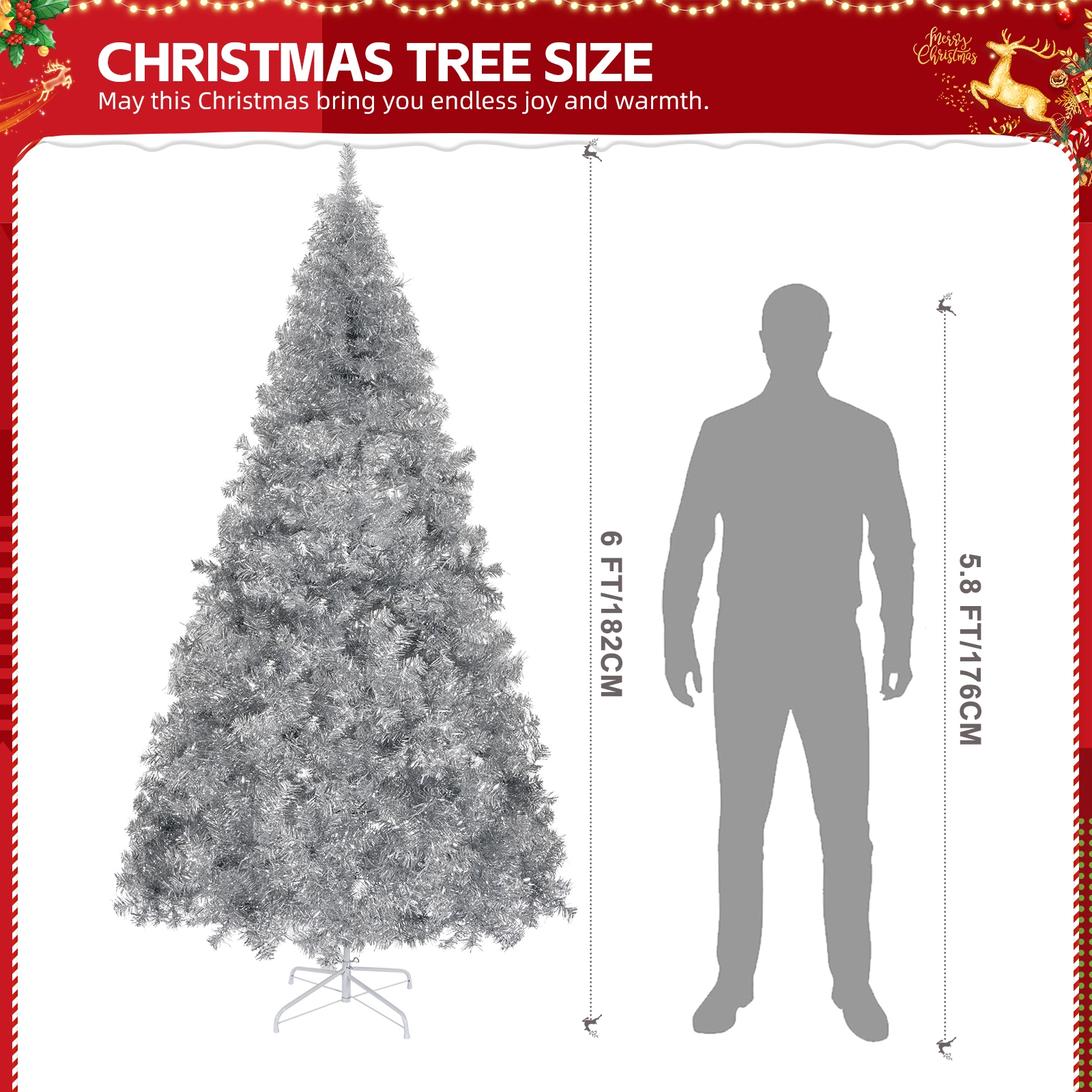 6 FT Artificial Christmas Tree, 800 Branch Tips, Unlit Pine Christmas Tree with Sturdy Metal Stand, Full Pre-Lit Holiday Tree for Home Office Party Decor, Silver view 2
