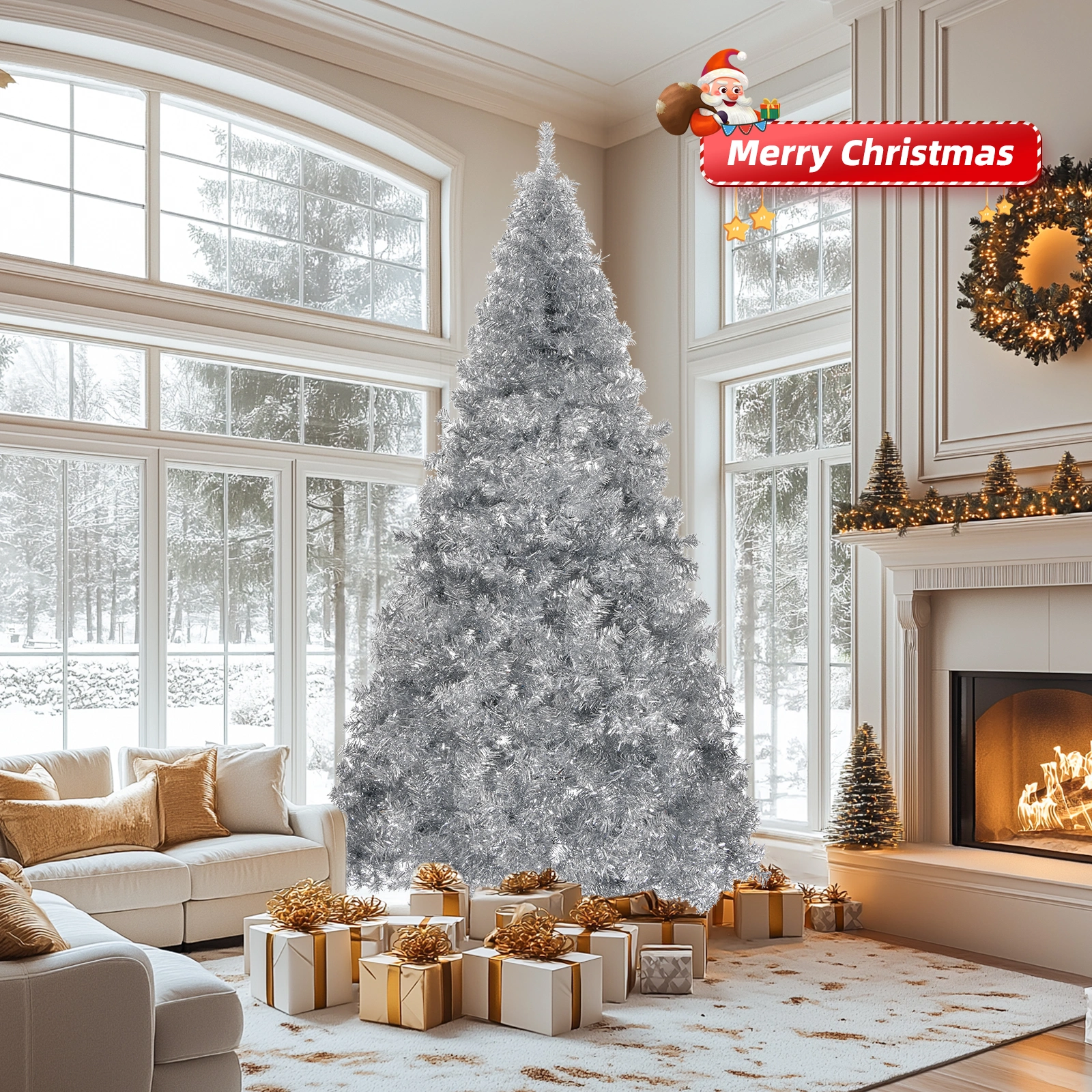 6 FT Artificial Christmas Tree, 800 Branch Tips, Unlit Pine Christmas Tree with Sturdy Metal Stand, Full Pre-Lit Holiday Tree for Home Office Party Decor, Silver view 3
