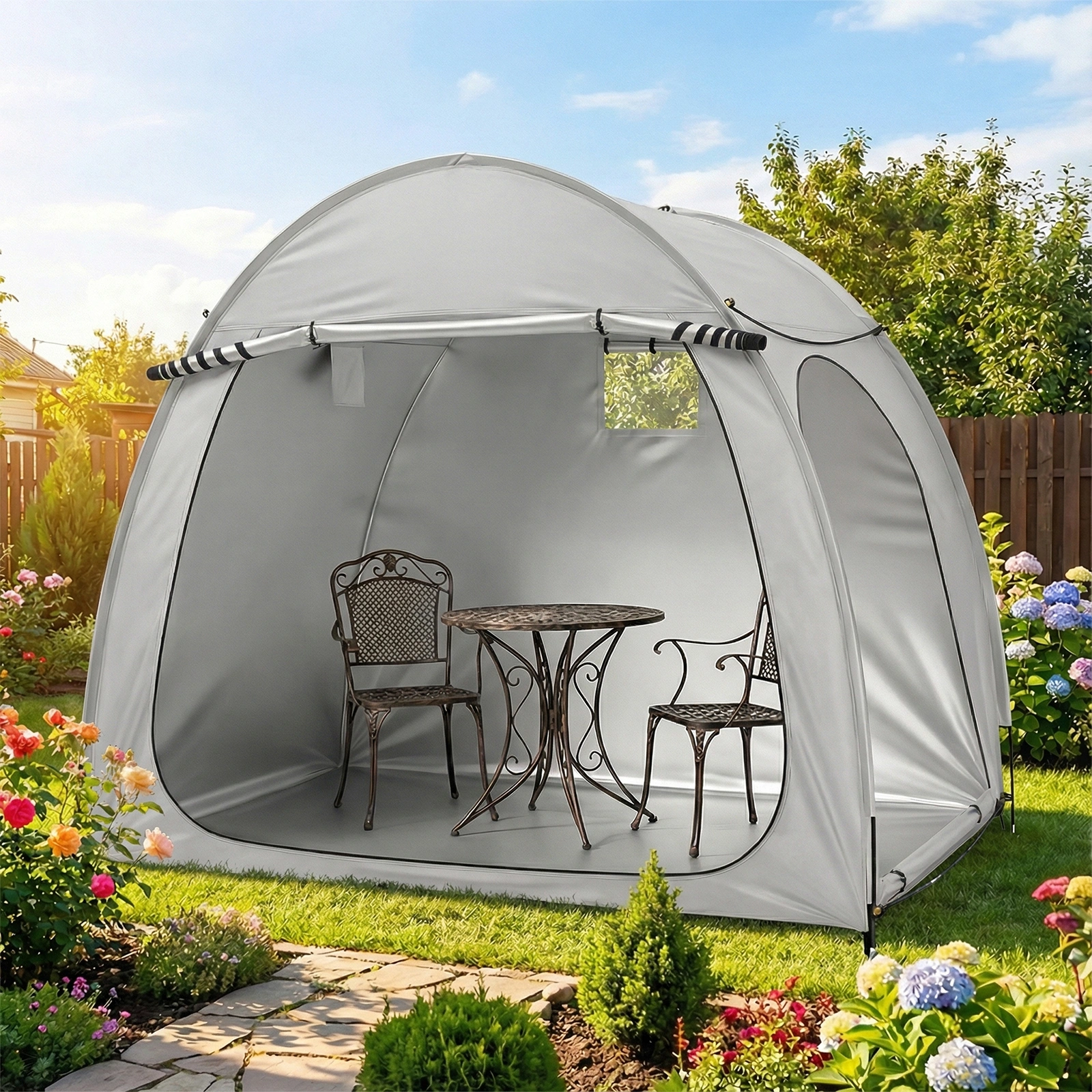 6.8x4.9FT Light Gray Arched Bicycle Storage Shed, 210D PU Silver Coated Oxford, Black Fiberglass Rod Frame, Front&Side Dual Doors, Inner Storage Bag & Portable Carry Bag view 14