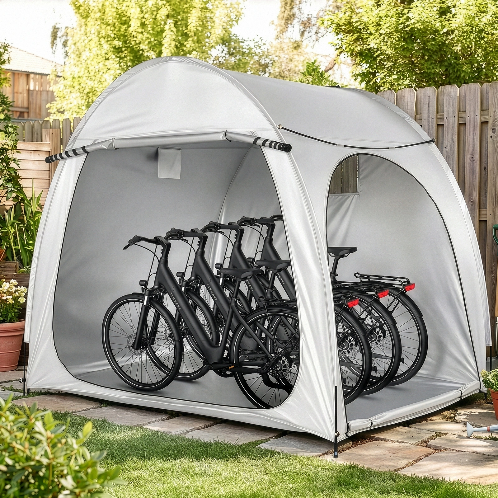 6.8x4.9FT Light Gray Arched Bicycle Storage Shed, 210D PU Silver Coated Oxford, Black Fiberglass Rod Frame, Front&Side Dual Doors, Inner Storage Bag & Portable Carry Bag view 15