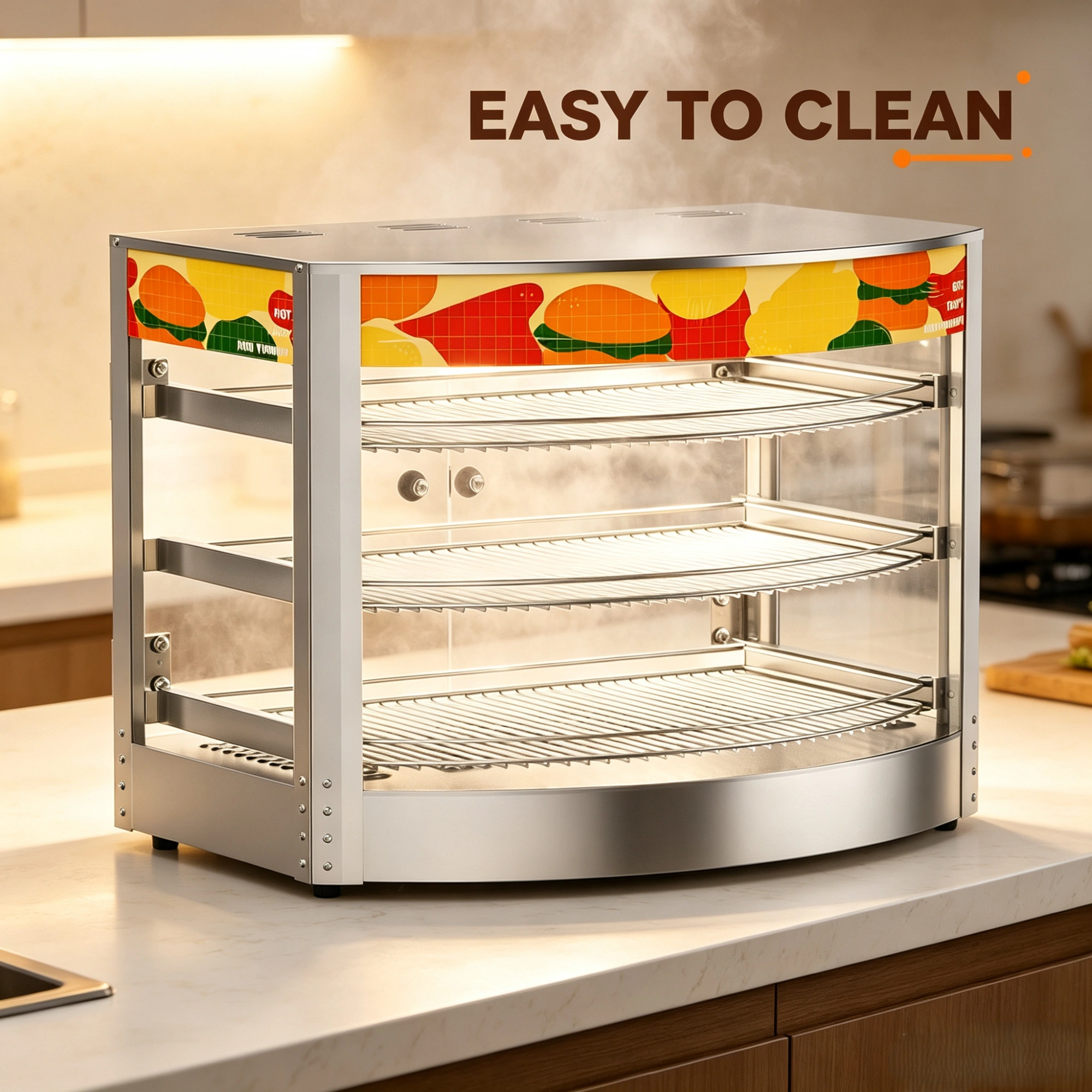 Commercial Food Warmer Cabinet 3 Tier Stainless Steel Heated Display Curved Tempered Glass Silver view 3