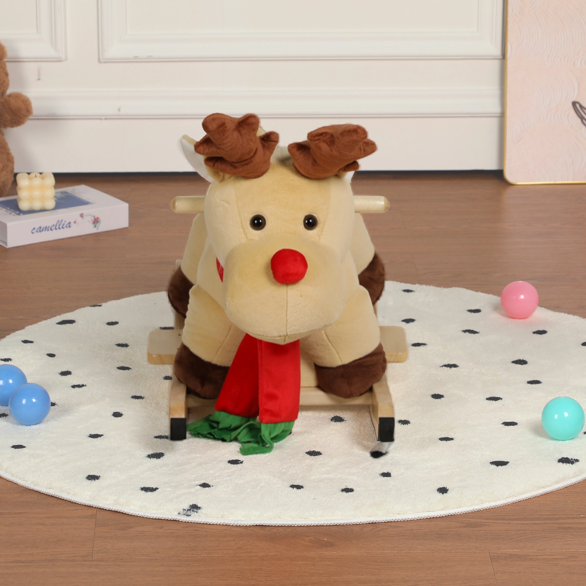 Moose Rocking Horse Toy for Kids 1-3 Years, Ride-On Plush Musical Horse with Lullaby Song, Hand Puppets & Safety Belt, Apricot