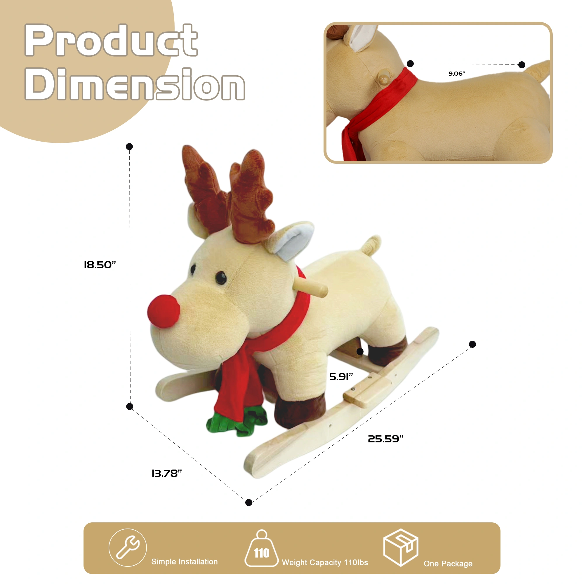 Moose Rocking Horse Toy for Kids 1-3 Years, Ride-On Plush Musical Horse with Lullaby Song, Hand Puppets & Safety Belt, Apricot view 4