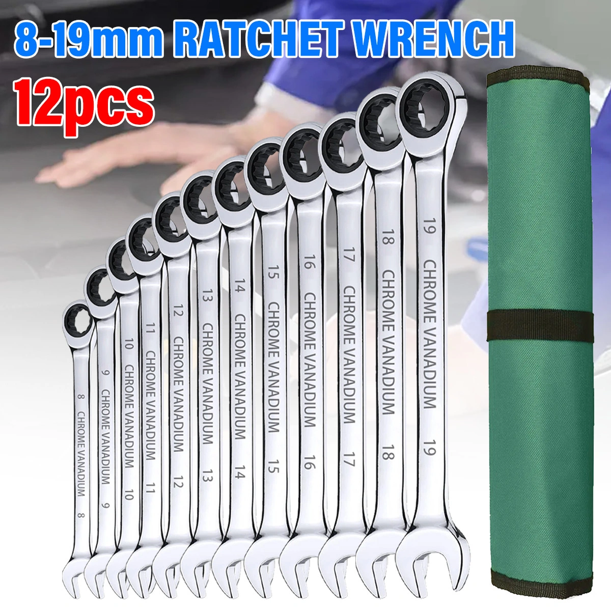 12PCS 72-Tooth Ratchet Spanner Set 8-19MM Fixed Head Combination Wrench Tool Set