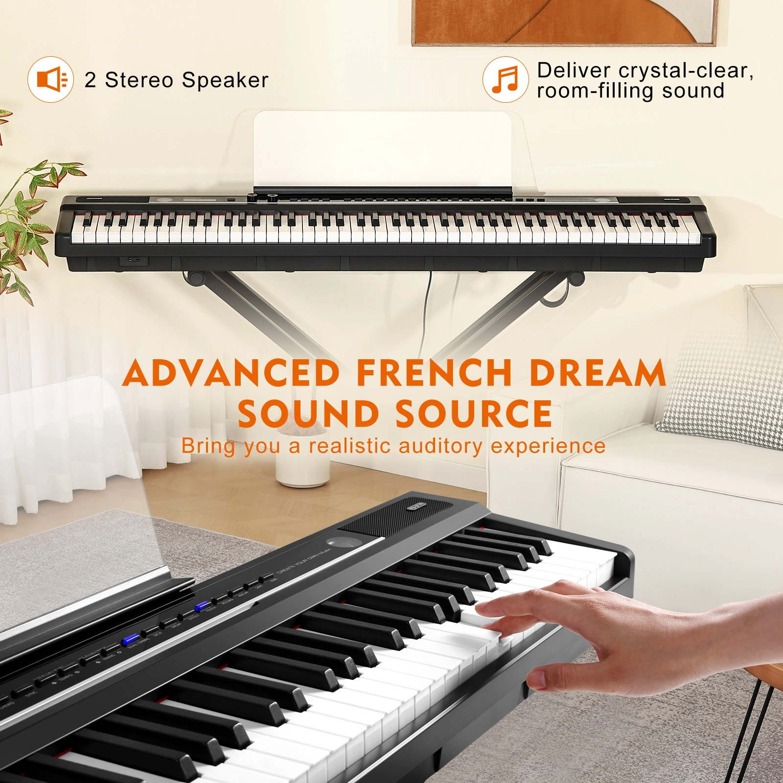 88 Keys Digital Piano with Weighted Keys, Full Size Electric Keyboard, Built-in Speakers, MIDI, USB, Power Supply Included view 3