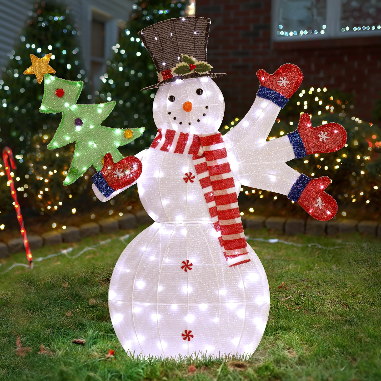 Lighted Snowman Christmas Yard Decor, 2D Waving Hands with 170 LED Warm White Lights, Stakes, Outdoor Indoor Holiday