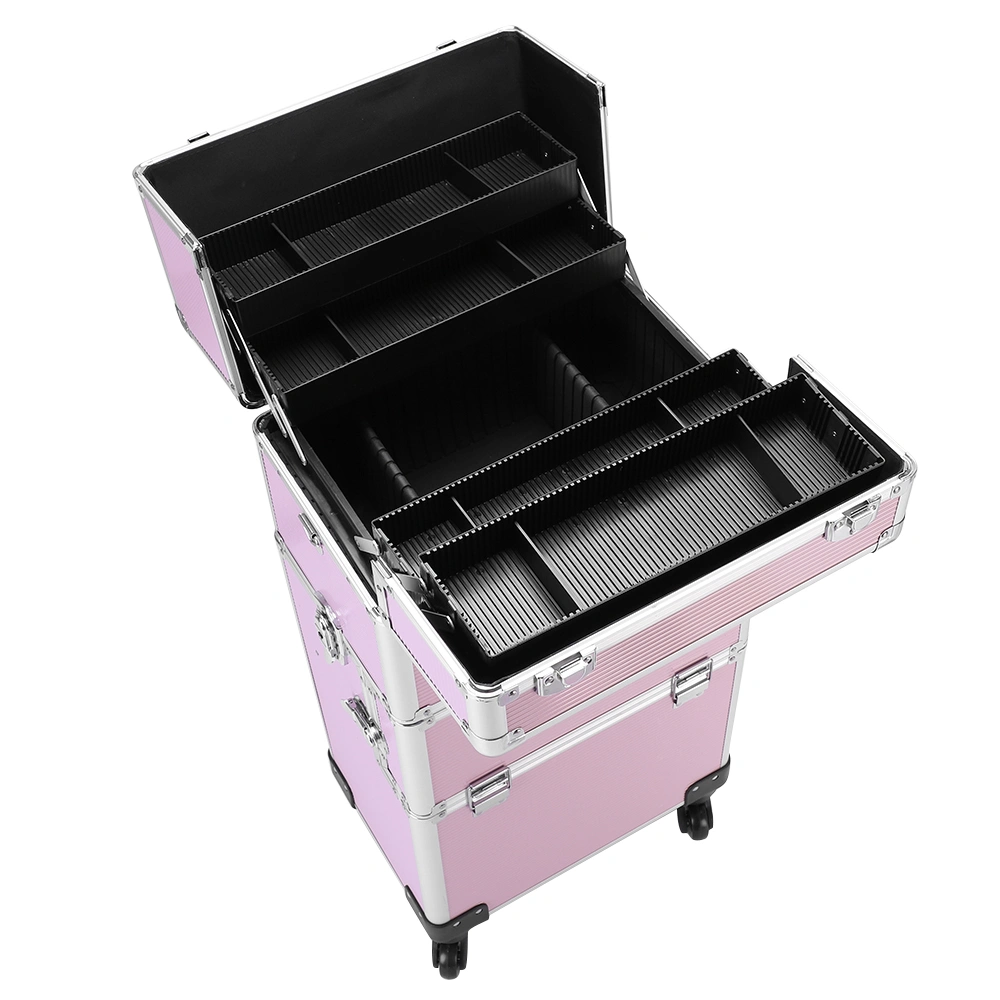 3pcs Aluminum Alloy Makeup Trolley Case with Universal Wheels, Portable Cosmetic Organizer Cart 14.2 x 9.4 x 41 inch, Pink view 17