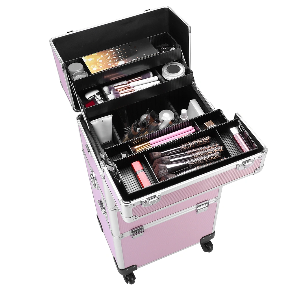 3pcs Aluminum Alloy Makeup Trolley Case with Universal Wheels, Portable Cosmetic Organizer Cart 14.2 x 9.4 x 41 inch, Pink view 18