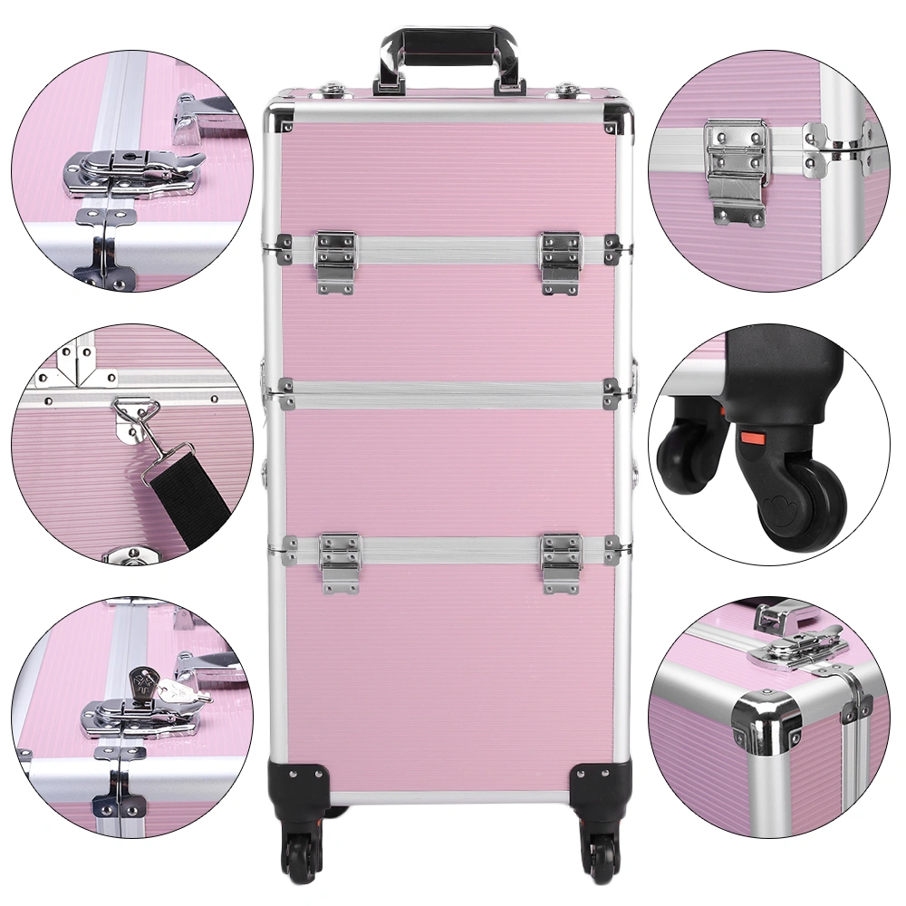 3pcs Aluminum Alloy Makeup Trolley Case with Universal Wheels, Portable Cosmetic Organizer Cart 14.2 x 9.4 x 41 inch, Pink view 5
