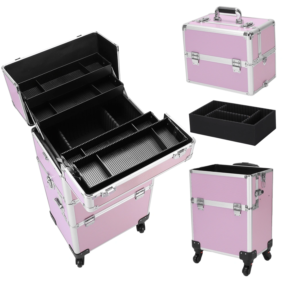 3pcs Aluminum Alloy Makeup Trolley Case with Universal Wheels, Portable Cosmetic Organizer Cart 14.2 x 9.4 x 41 inch, Pink view 9