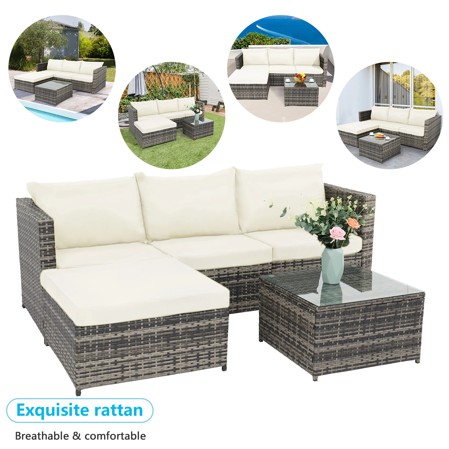 4-Seater Chaise Corner Sofa, Gray Gradient Rattan with Beige Cushion, Outdoor Sectional view 2