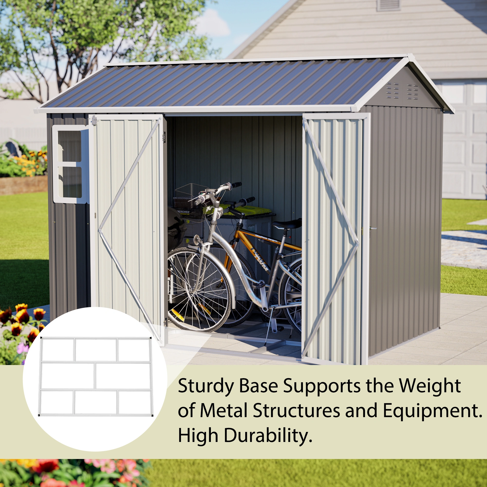 8x6 FT Metal Storage Shed, Outdoor Heavy Duty Garden Tool Shed with Window & Lock, Waterproof UV Protected, 4 Air Vents, Sturdy Base, Backyard Patio Lawn Equipment, Pet Room, Garbage Room view 4