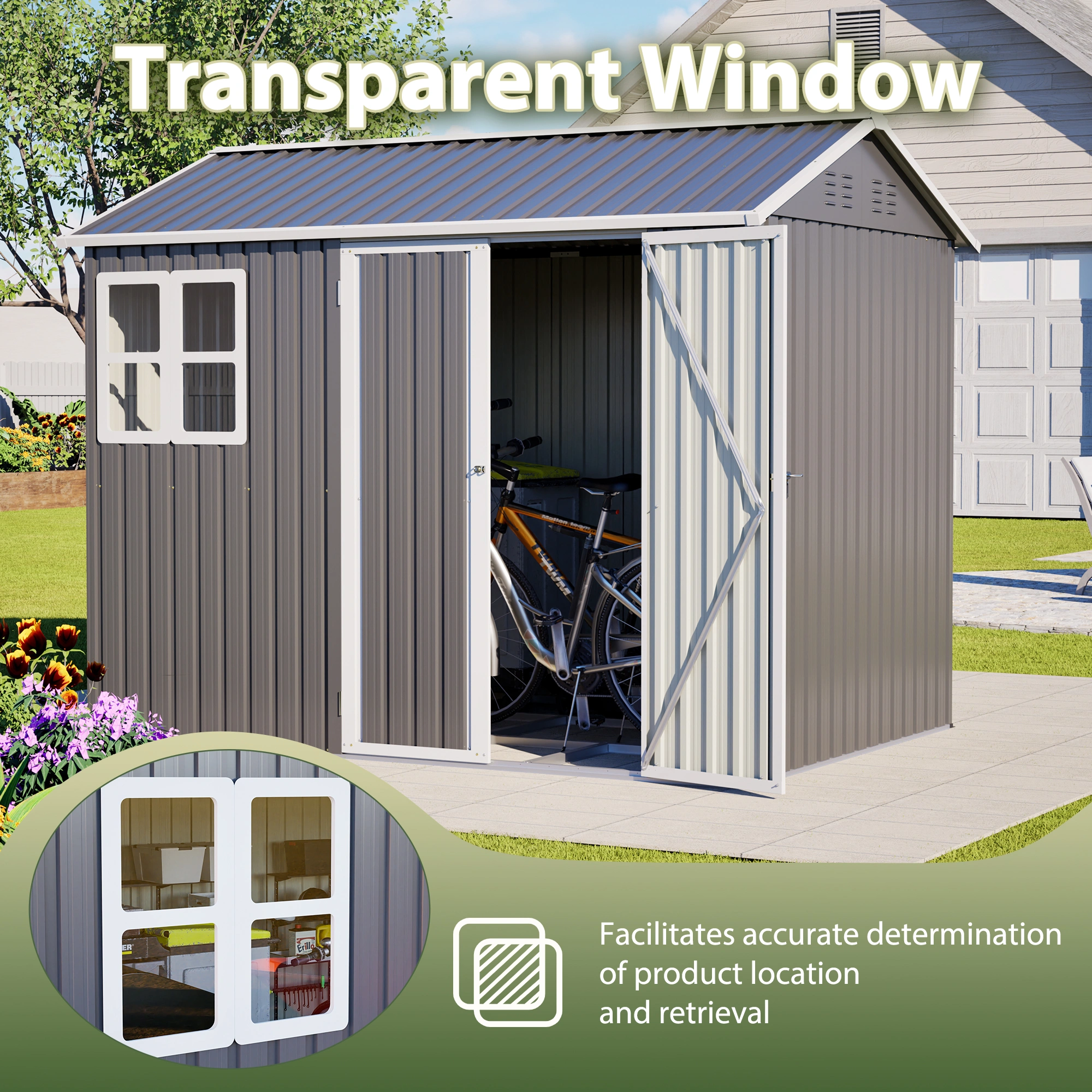 8x6 FT Metal Storage Shed, Outdoor Heavy Duty Garden Tool Shed with Window & Lock, Waterproof UV Protected, 4 Air Vents, Sturdy Base, Backyard Patio Lawn Equipment, Pet Room, Garbage Room view 5