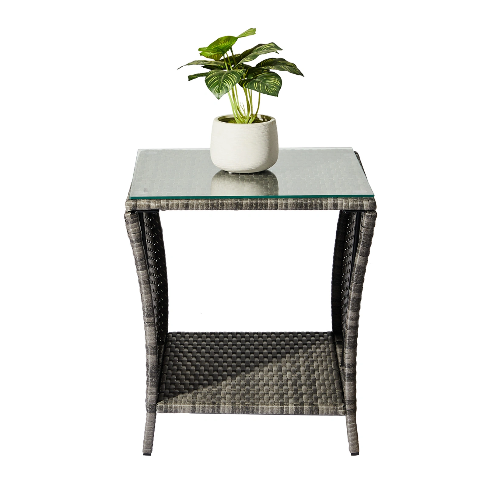 Grey Wicker Outdoor Side Table, Square Patio End Table with Tempered Glass Top & Storage Shelf, Bistro Coffee Table for Garden Porch