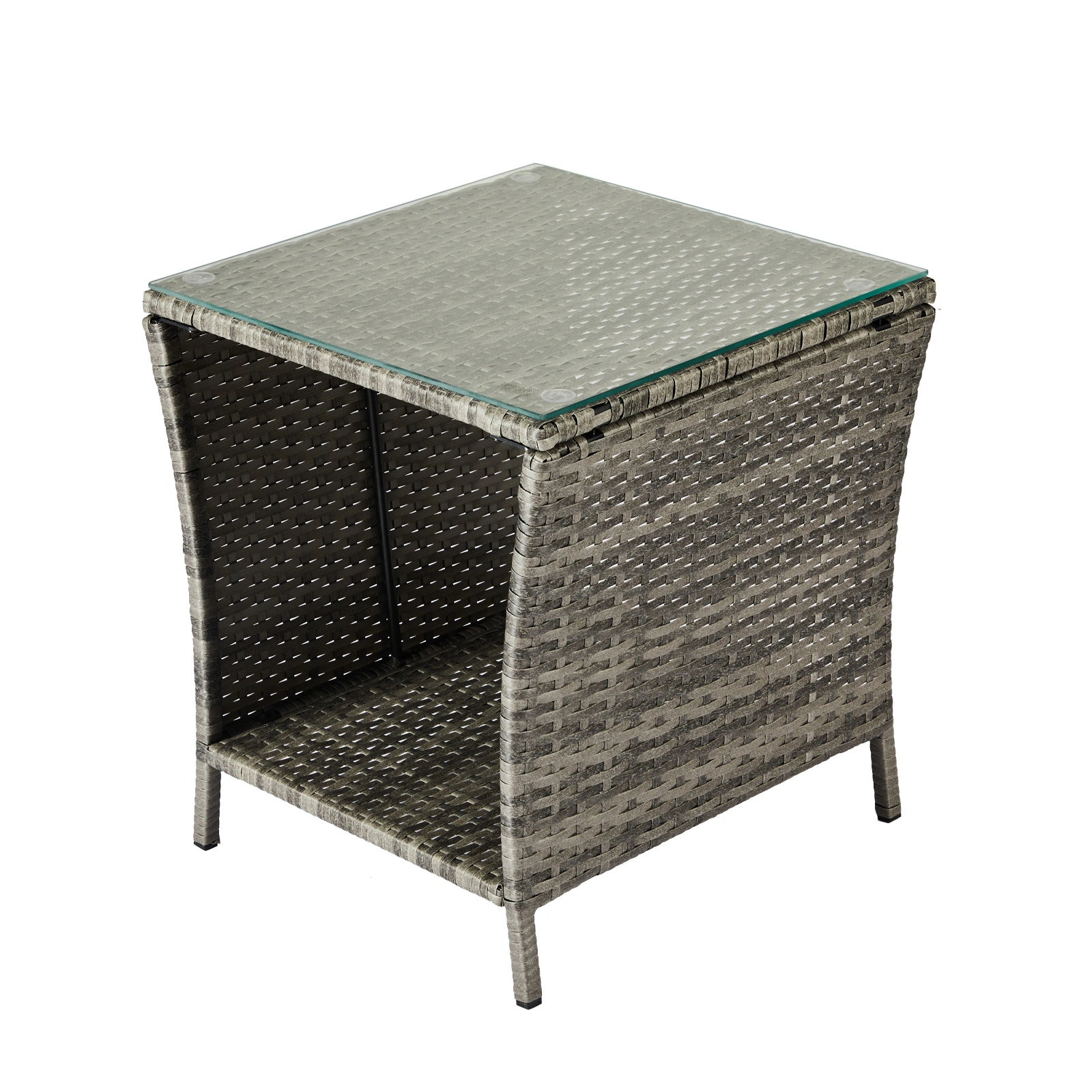 Grey Wicker Outdoor Side Table, Square Patio End Table with Tempered Glass Top & Storage Shelf, Bistro Coffee Table for Garden Porch view 11