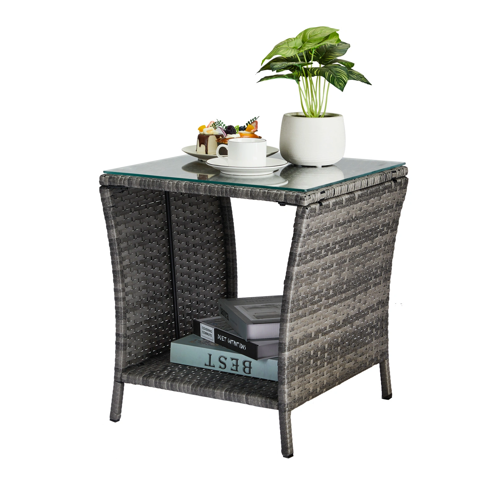 Grey Wicker Outdoor Side Table, Square Patio End Table with Tempered Glass Top & Storage Shelf, Bistro Coffee Table for Garden Porch view 15