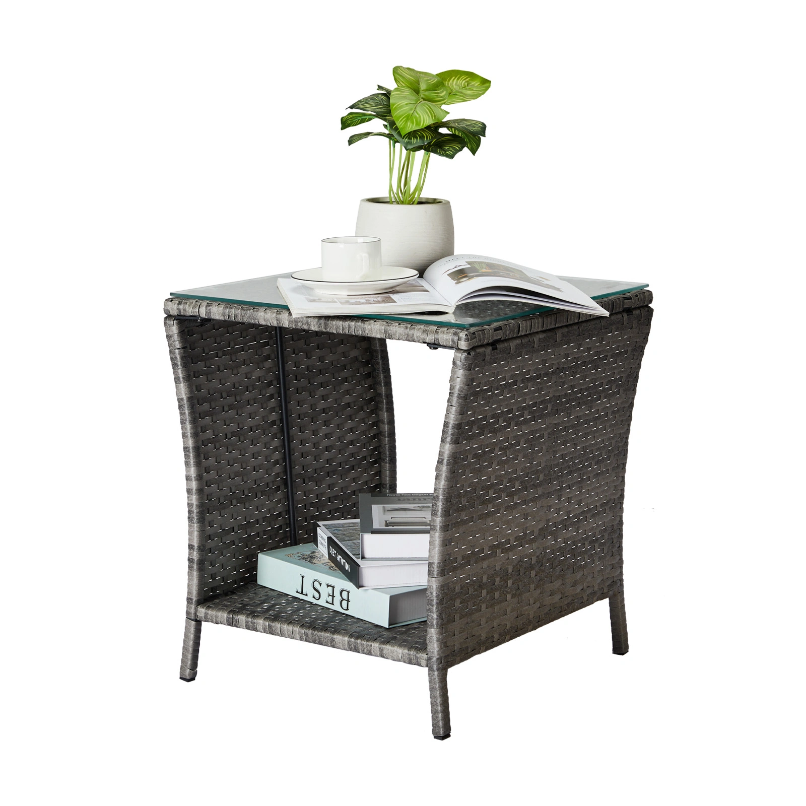 Grey Wicker Outdoor Side Table, Square Patio End Table with Tempered Glass Top & Storage Shelf, Bistro Coffee Table for Garden Porch view 16