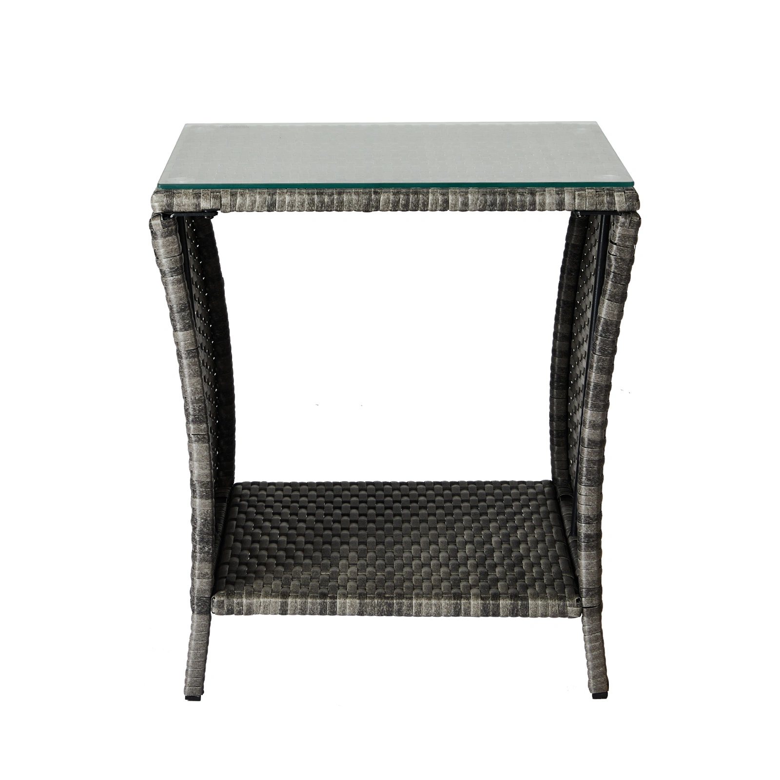 Grey Wicker Outdoor Side Table, Square Patio End Table with Tempered Glass Top & Storage Shelf, Bistro Coffee Table for Garden Porch view 18