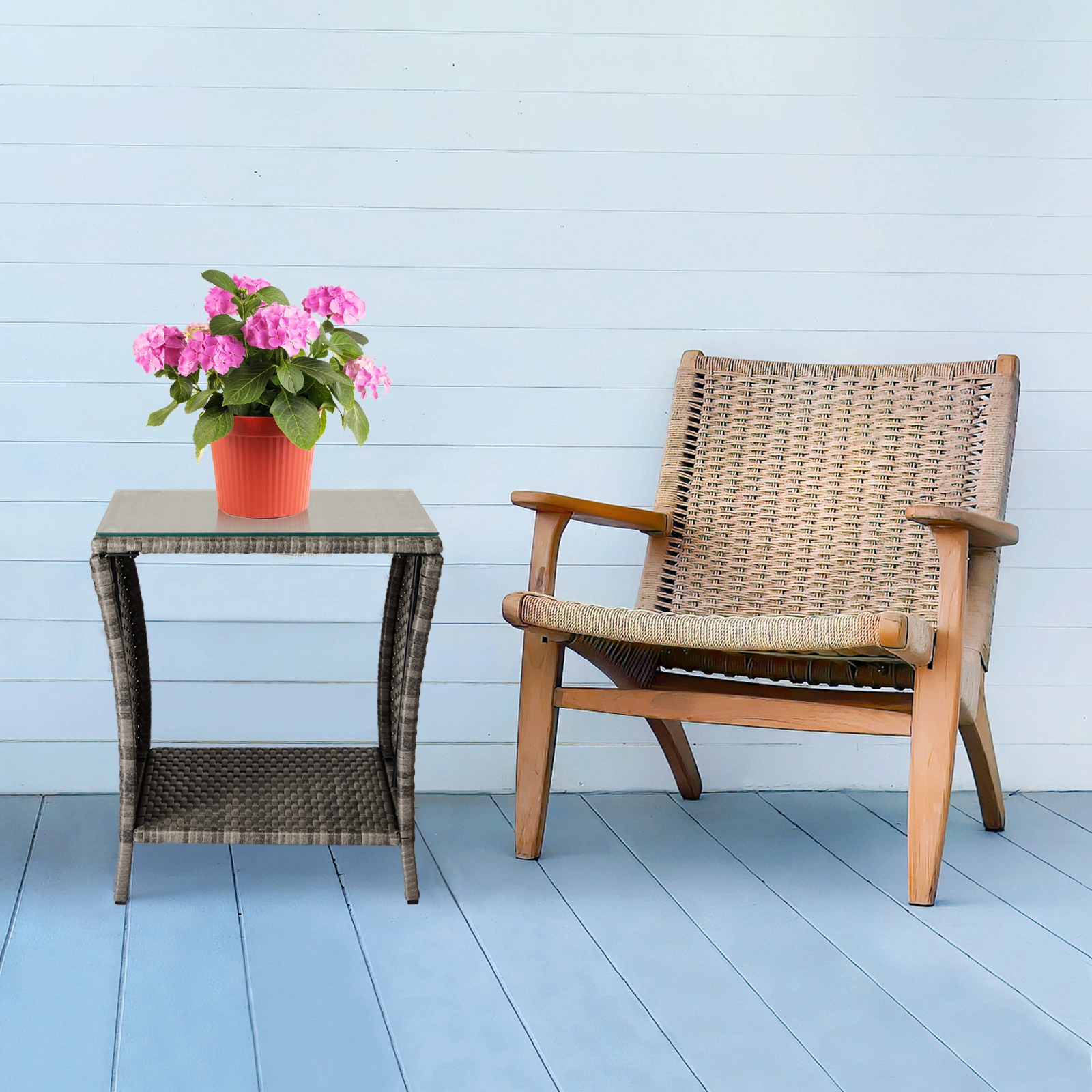 Grey Wicker Outdoor Side Table, Square Patio End Table with Tempered Glass Top & Storage Shelf, Bistro Coffee Table for Garden Porch view 20