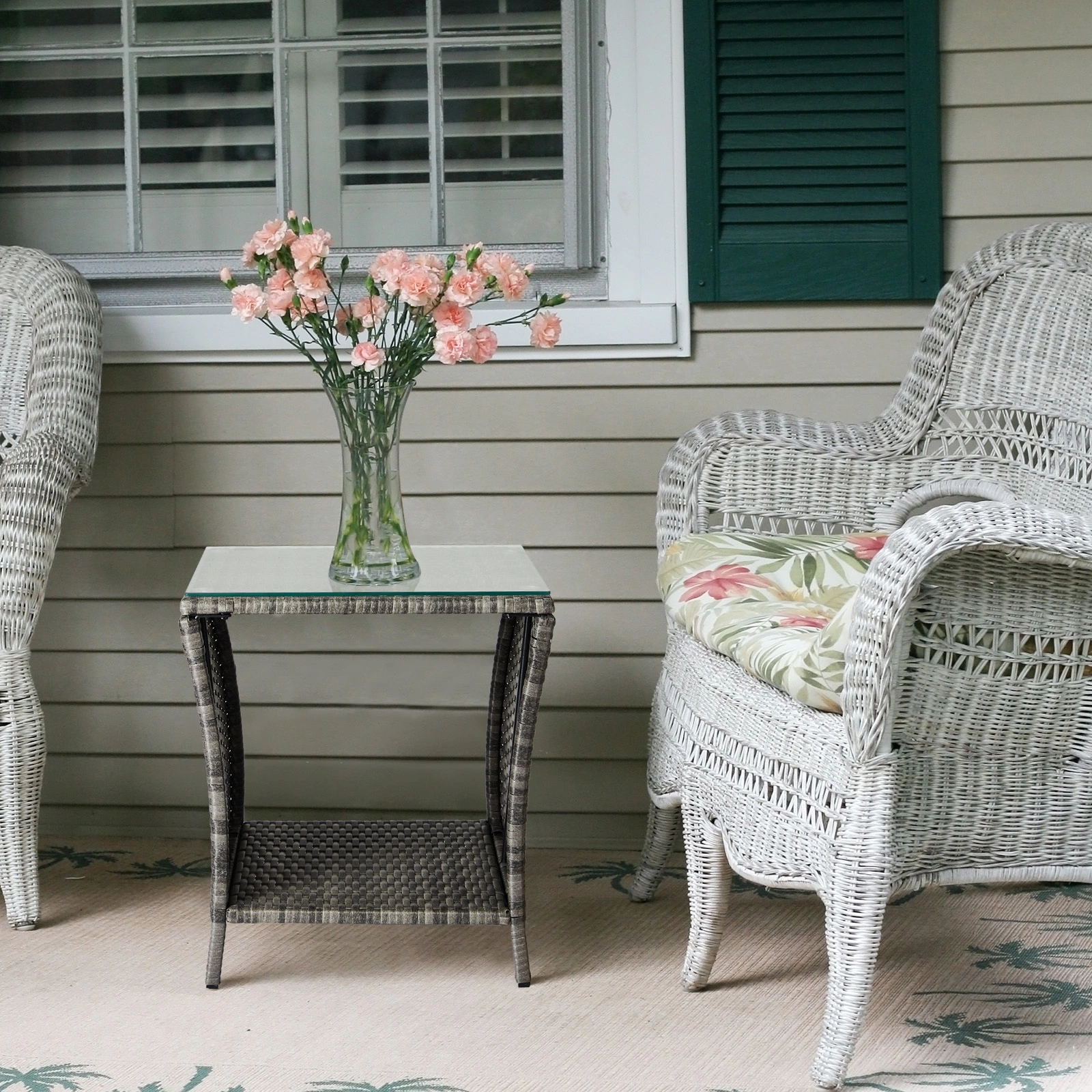 Grey Wicker Outdoor Side Table, Square Patio End Table with Tempered Glass Top & Storage Shelf, Bistro Coffee Table for Garden Porch view 23