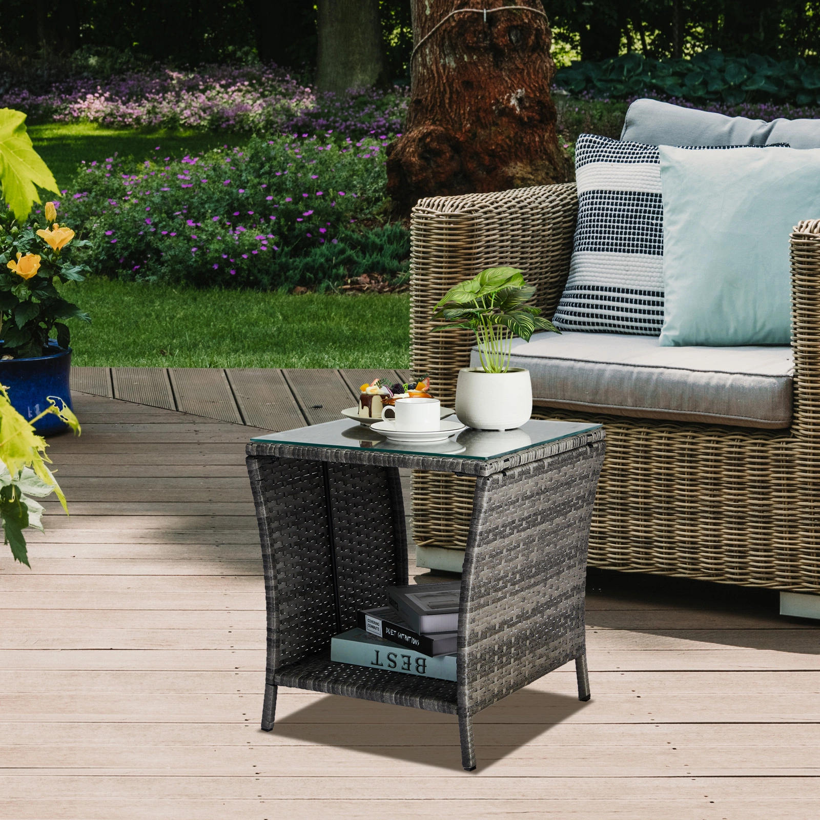 Grey Wicker Outdoor Side Table, Square Patio End Table with Tempered Glass Top & Storage Shelf, Bistro Coffee Table for Garden Porch view 3