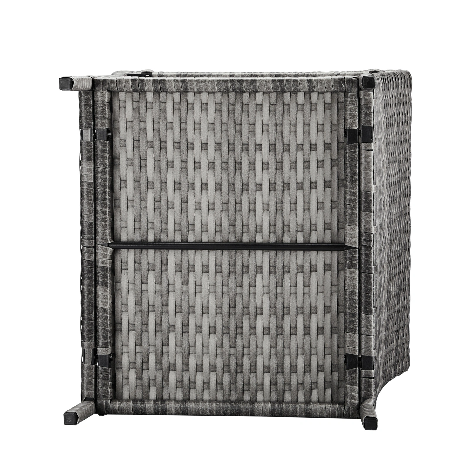 Grey Wicker Outdoor Side Table, Square Patio End Table with Tempered Glass Top & Storage Shelf, Bistro Coffee Table for Garden Porch view 9