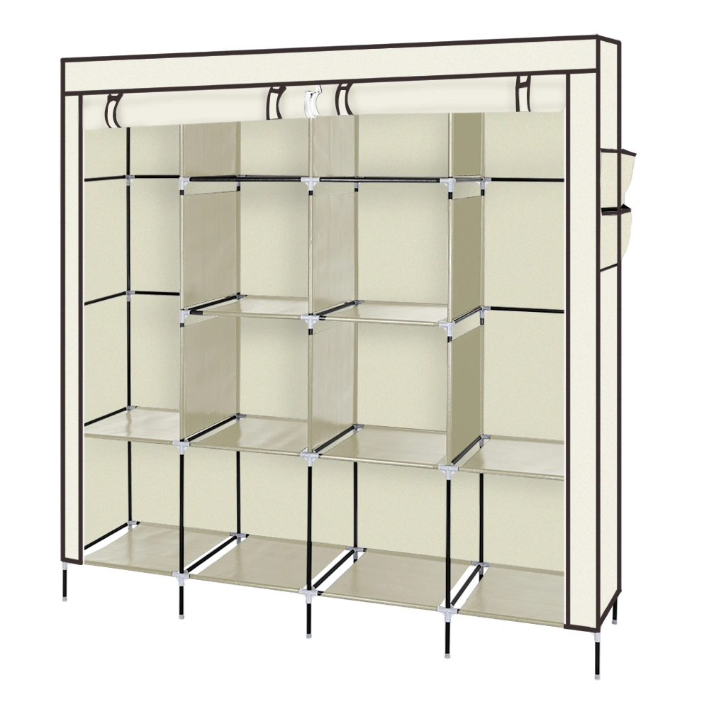 Portable Closet Organizer 67" Wardrobe Clothes Storage Rack with 12 Shelves & 4 Side Pockets - Beige