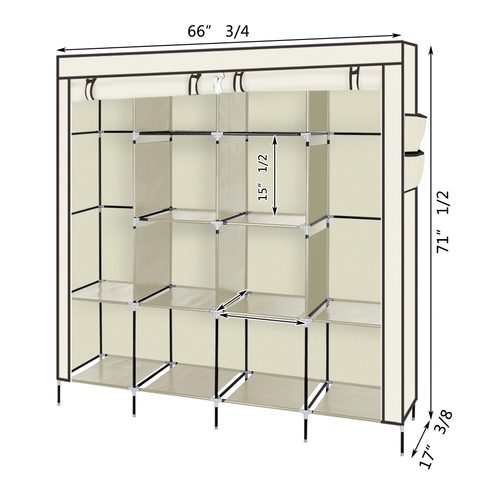Portable Closet Organizer 67" Wardrobe Clothes Storage Rack with 12 Shelves & 4 Side Pockets - Beige view 2