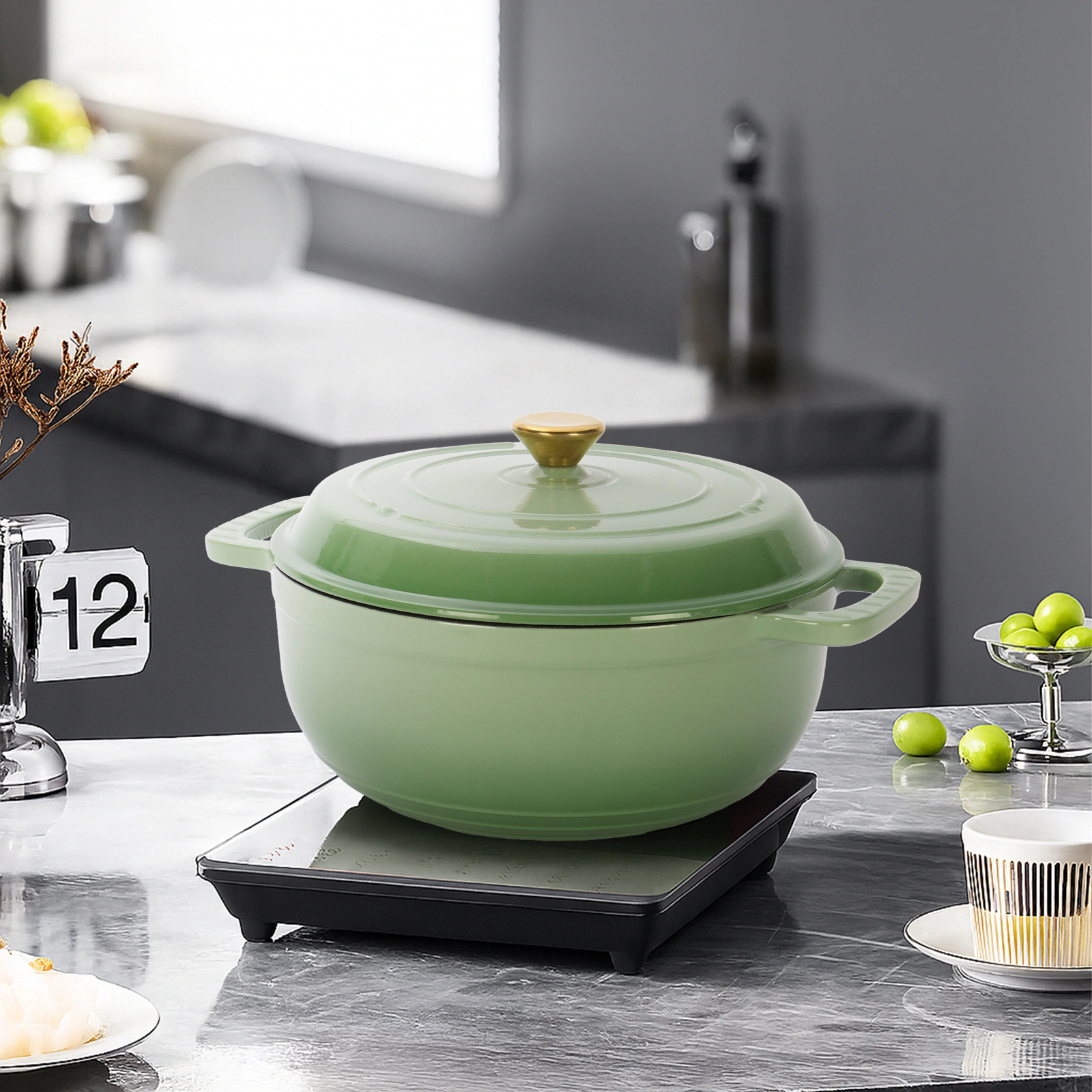 Cast iron 7.5QT cooking pot - Gradient green color - Includes two silicone gloves - Enamel pot view 11