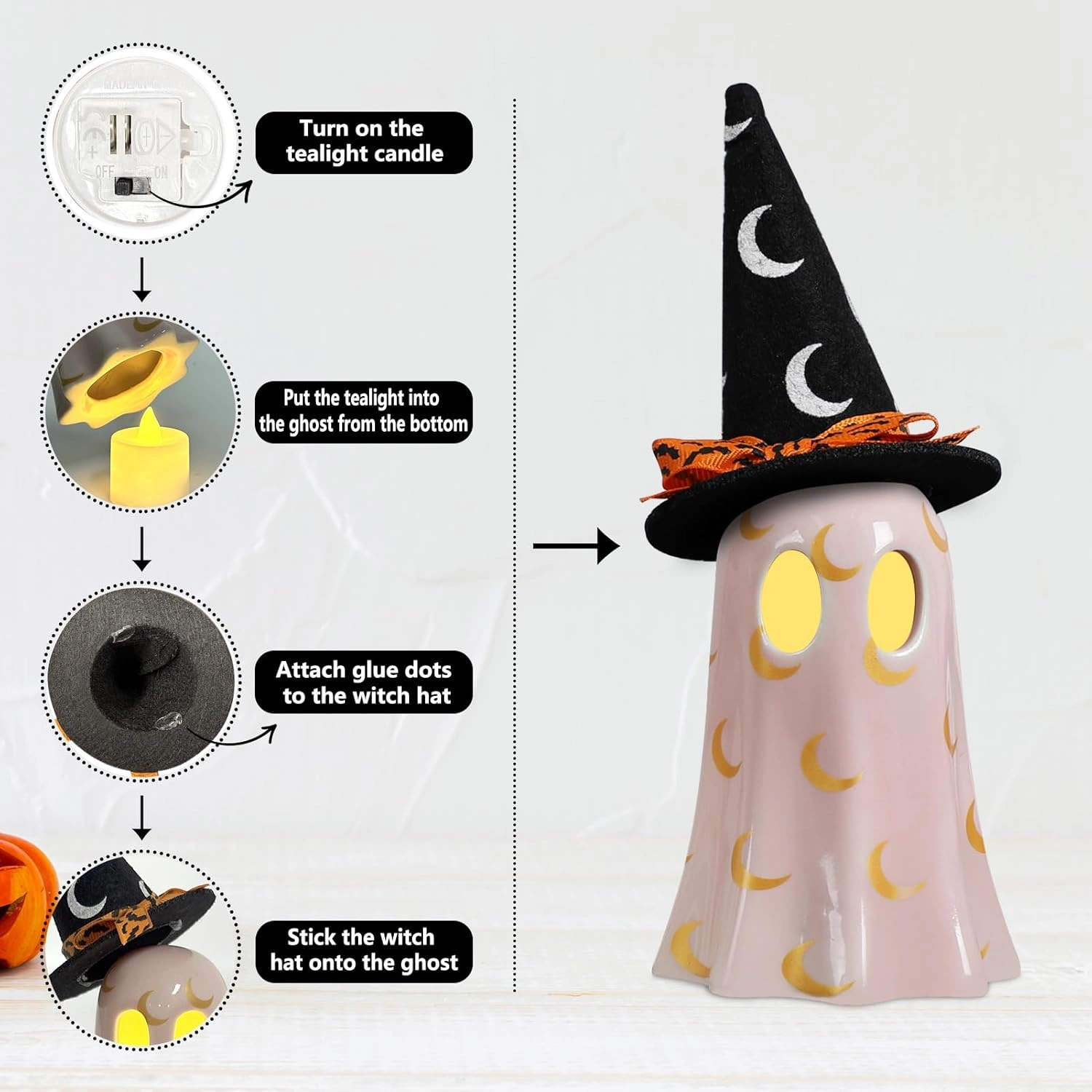 Halloween Decor Indoor, Set of 3 Ceramic Ghosts with Witch Hats, Cute Spooky Ghost Figurines for Mantel, Shelf & Tabletop Decor, Halloween Decorations view 2