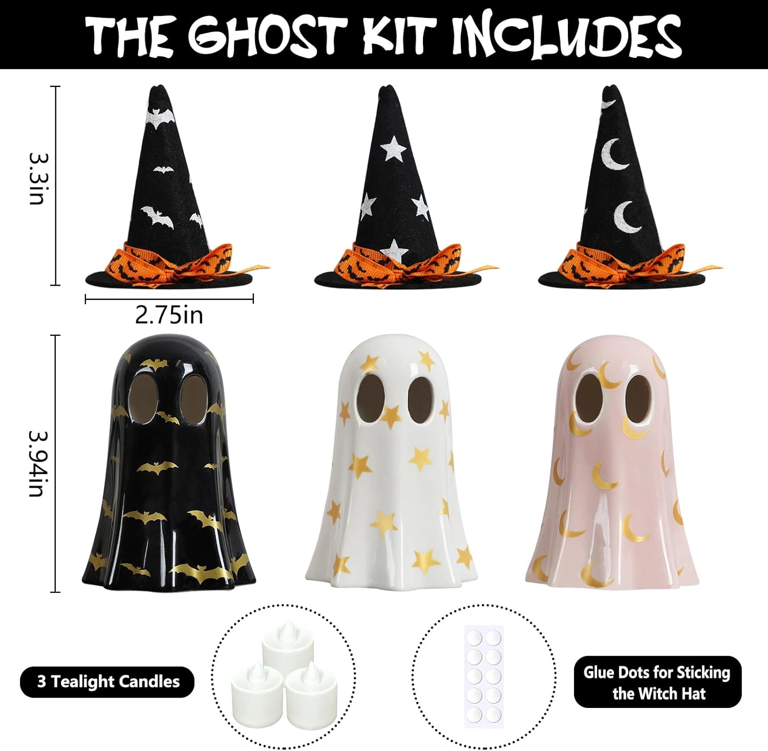 Halloween Decor Indoor, Set of 3 Ceramic Ghosts with Witch Hats, Cute Spooky Ghost Figurines for Mantel, Shelf & Tabletop Decor, Halloween Decorations view 3