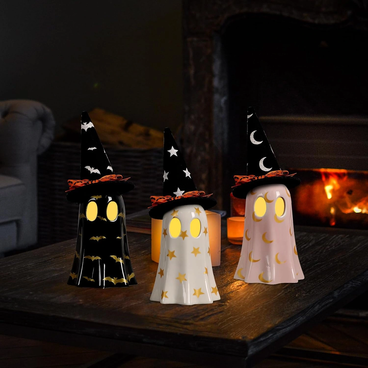 Halloween Decor Indoor, Set of 3 Ceramic Ghosts with Witch Hats, Cute Spooky Ghost Figurines for Mantel, Shelf & Tabletop Decor, Halloween Decorations view 4