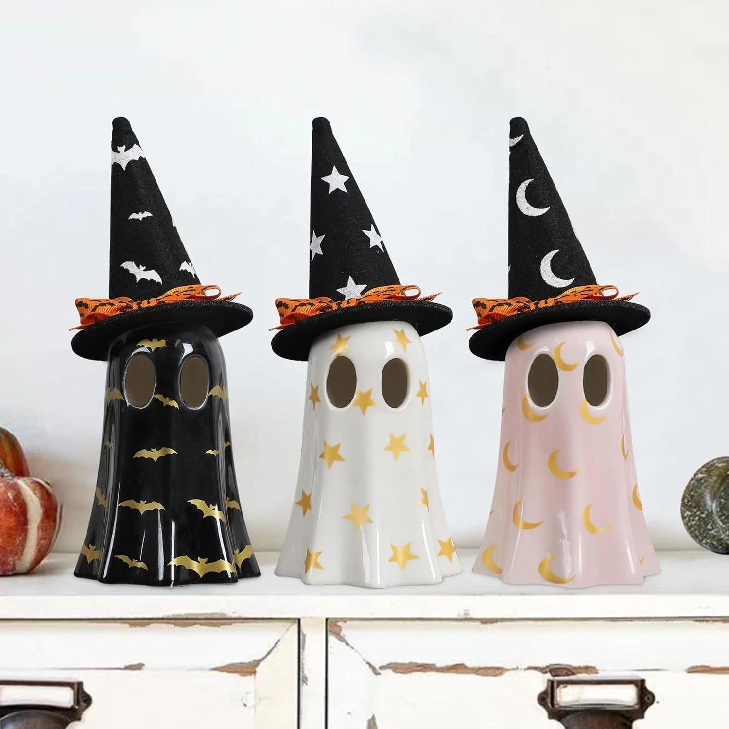 Halloween Decor Indoor, Set of 3 Ceramic Ghosts with Witch Hats, Cute Spooky Ghost Figurines for Mantel, Shelf & Tabletop Decor, Halloween Decorations view 5