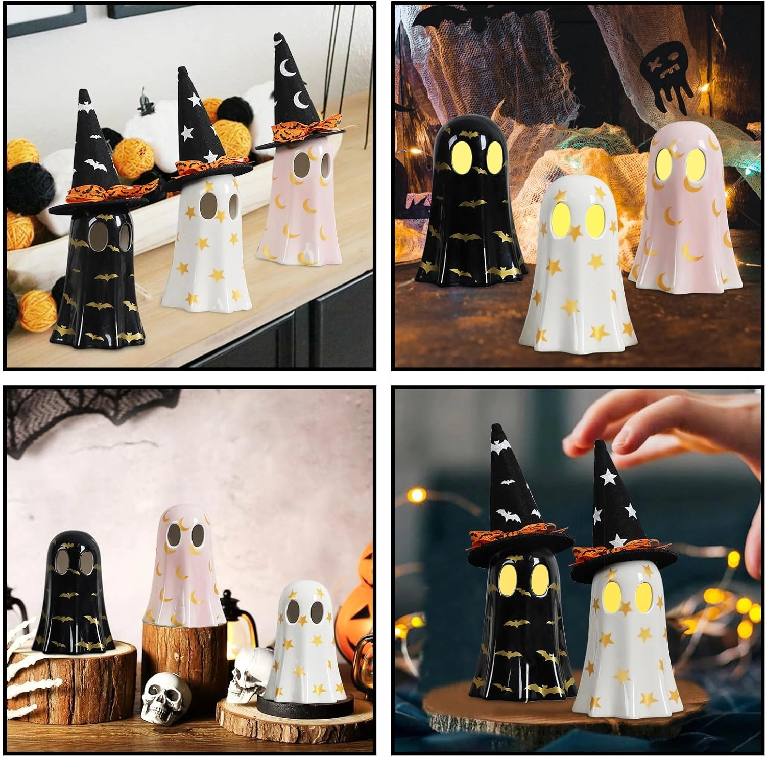 Halloween Decor Indoor, Set of 3 Ceramic Ghosts with Witch Hats, Cute Spooky Ghost Figurines for Mantel, Shelf & Tabletop Decor, Halloween Decorations view 7