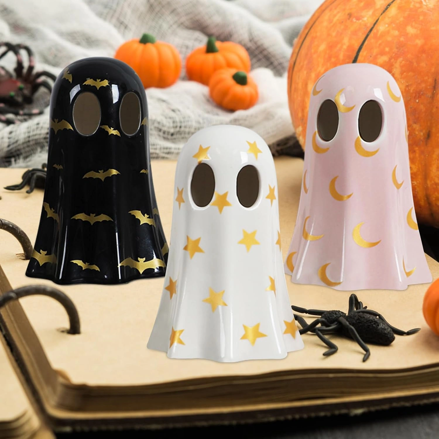 Halloween Decor Indoor, Set of 3 Ceramic Ghosts with Witch Hats, Cute Spooky Ghost Figurines for Mantel, Shelf & Tabletop Decor, Halloween Decorations view 8