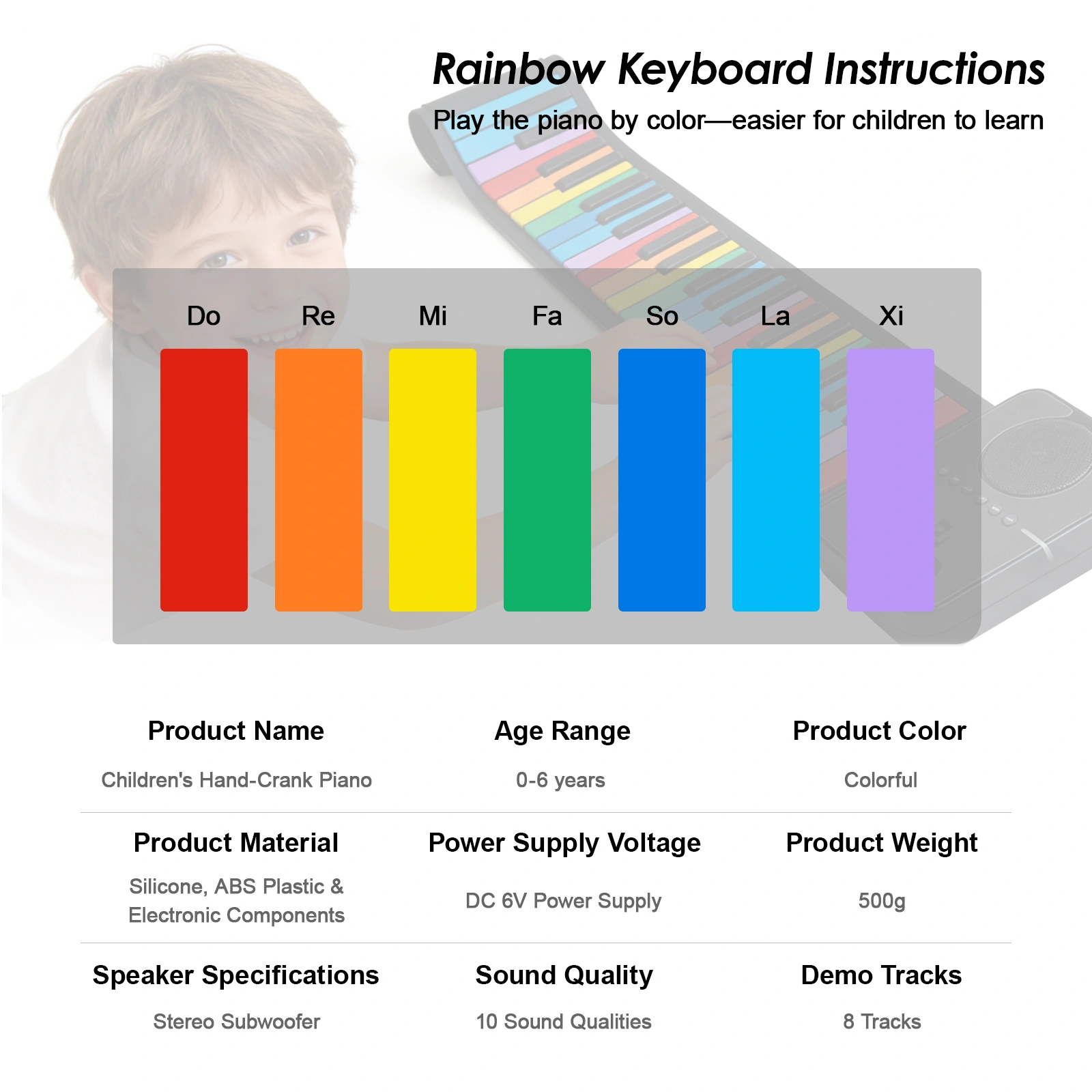Regenbogen Roll-Up Keyboard, Tragbares Silikon Keyboard, Elektronisches Klavier für Kinder & Anfänger view 2