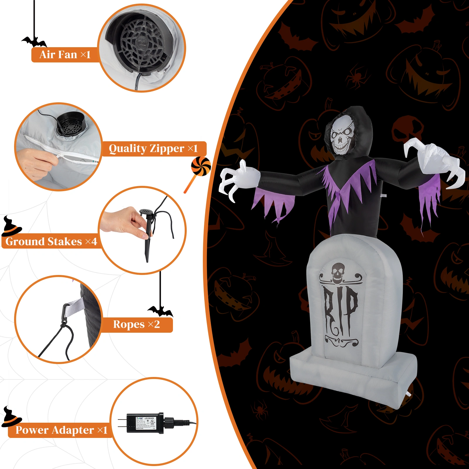 8ft Garden 3pcs LED String Lights Grim Reaper and Grave Inflatable Halloween Decoration view 12