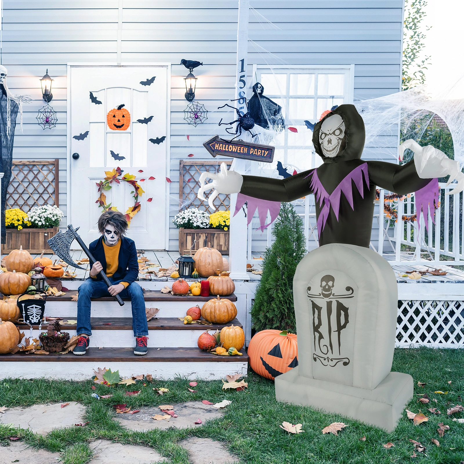 8ft Garden 3pcs LED String Lights Grim Reaper and Grave Inflatable Halloween Decoration view 13