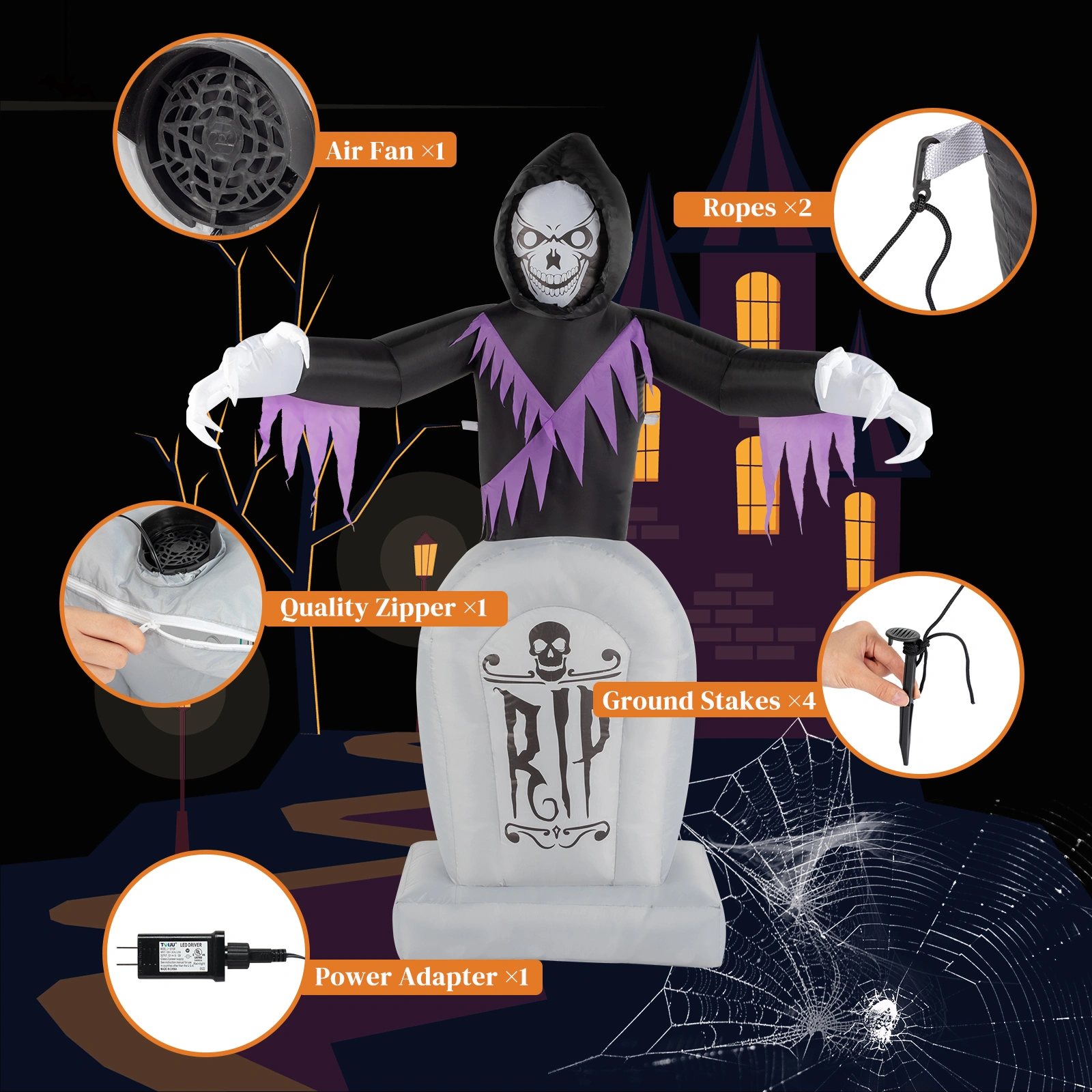 8ft Garden 3pcs LED String Lights Grim Reaper and Grave Inflatable Halloween Decoration view 15