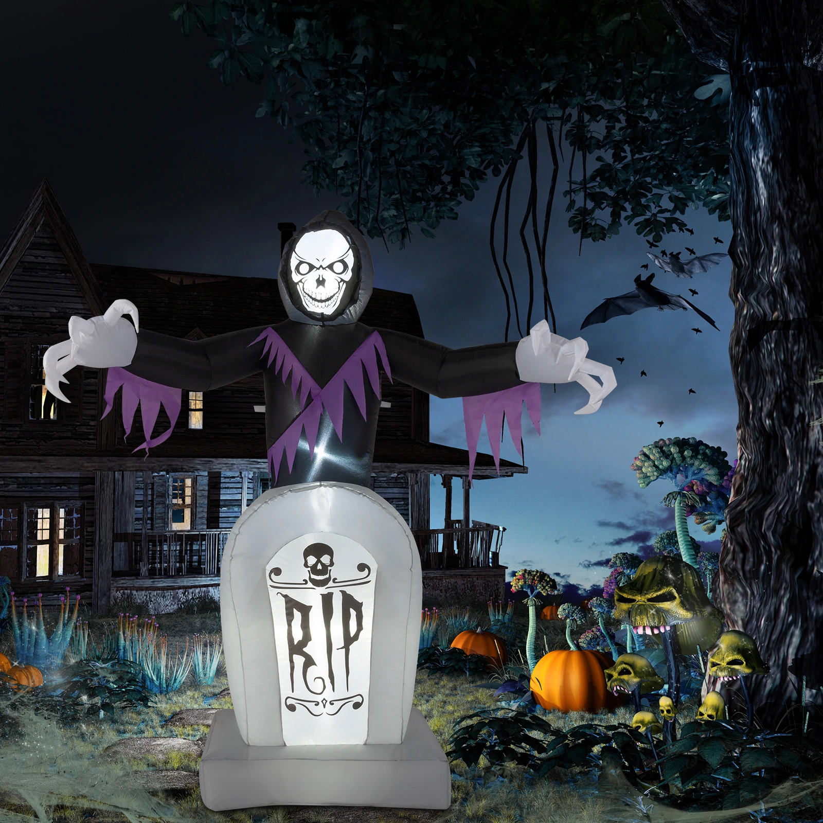 8ft Garden 3pcs LED String Lights Grim Reaper and Grave Inflatable Halloween Decoration view 5