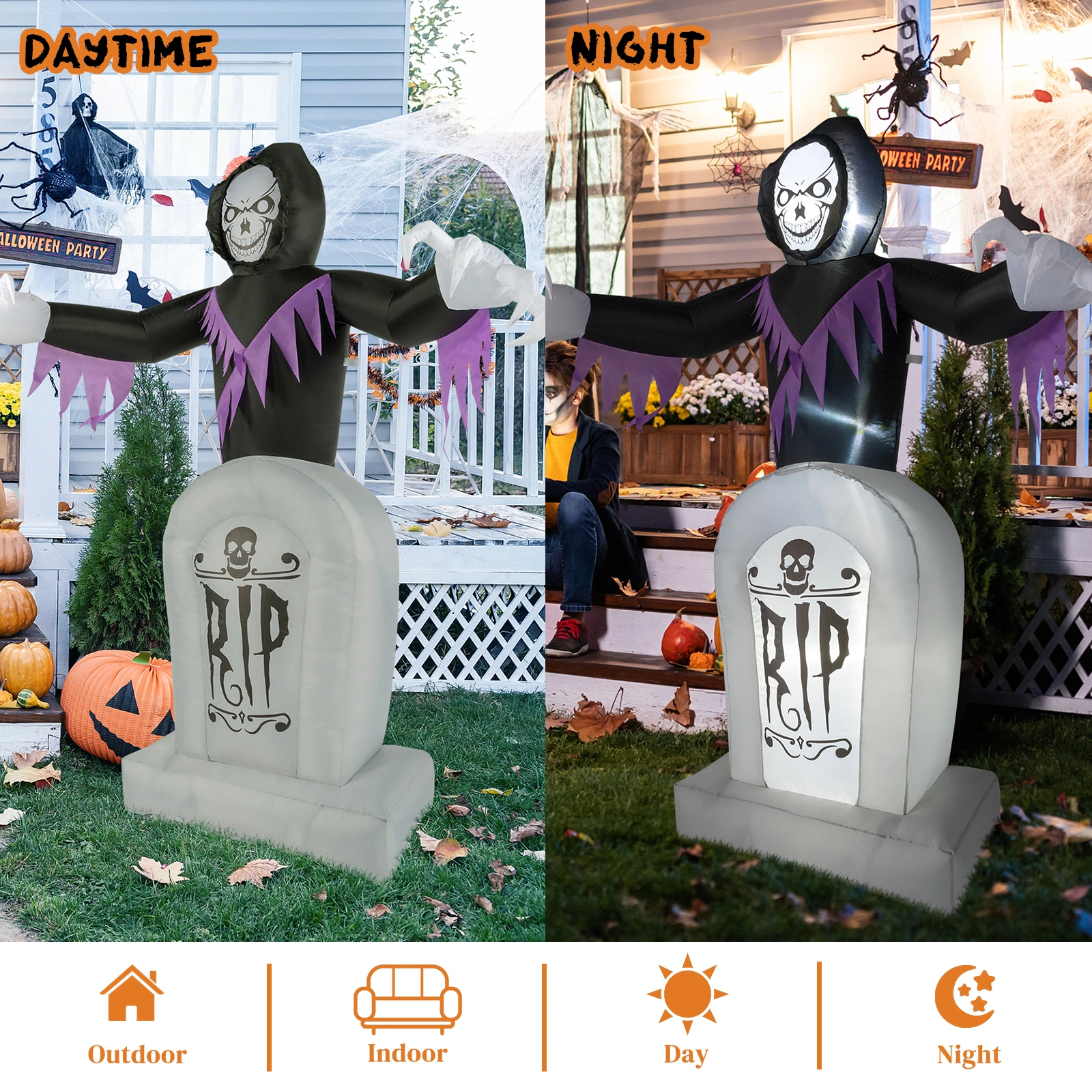 8ft Garden 3pcs LED String Lights Grim Reaper and Grave Inflatable Halloween Decoration view 8