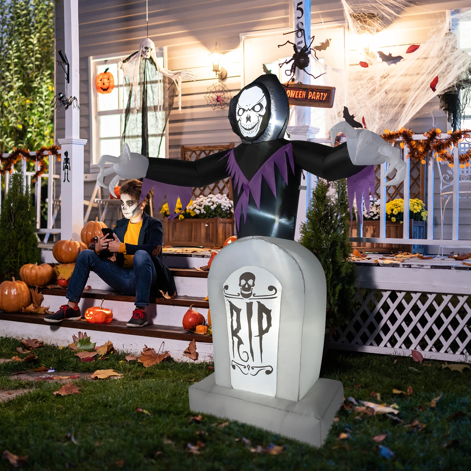 8ft Garden 3pcs LED String Lights Grim Reaper and Grave Inflatable Halloween Decoration view 9