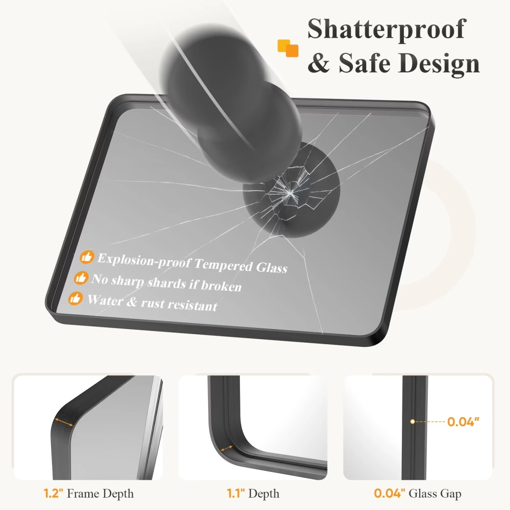 Anti-Fog Bathroom Wall Mirror – 24" x 32" Shatterproof Mirror with Rectangular Metal Frame, Black (Shipment from Walmart) view 2